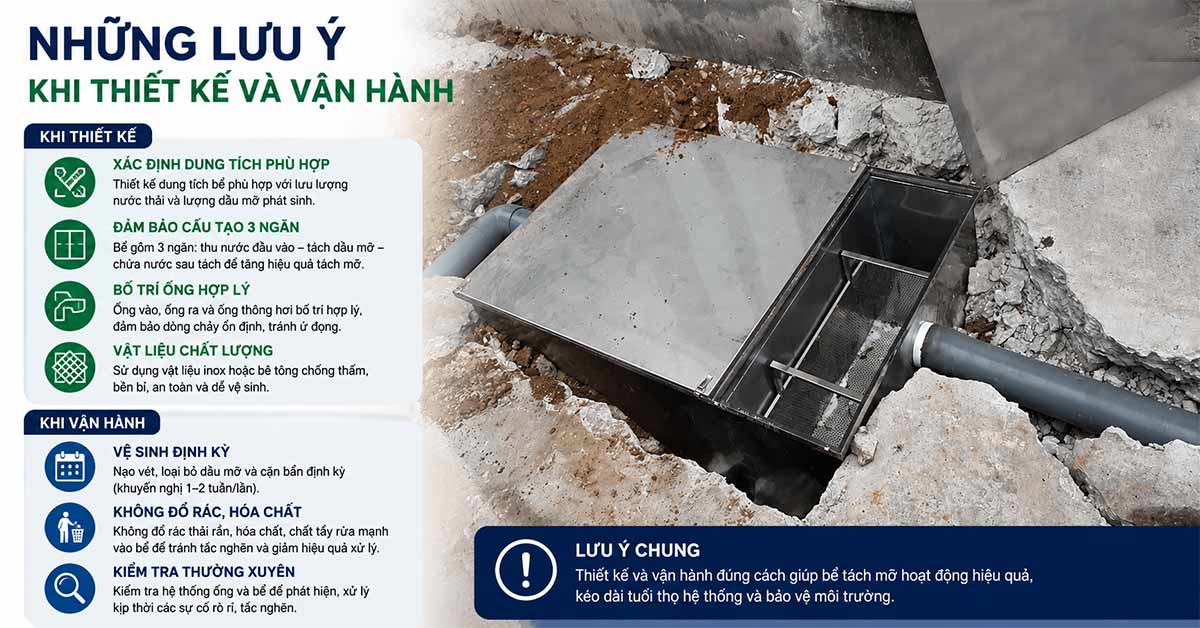 Những lưu ý khi thiết kế và vận hành bể tách mỡ
