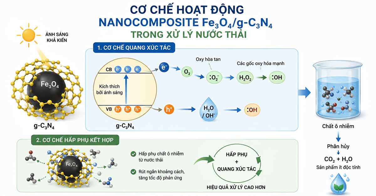 Cơ chế hoạt động của vật liệu nanocomposite Fe₃O₄/g-C₃N₄ trong xử lý nước thải