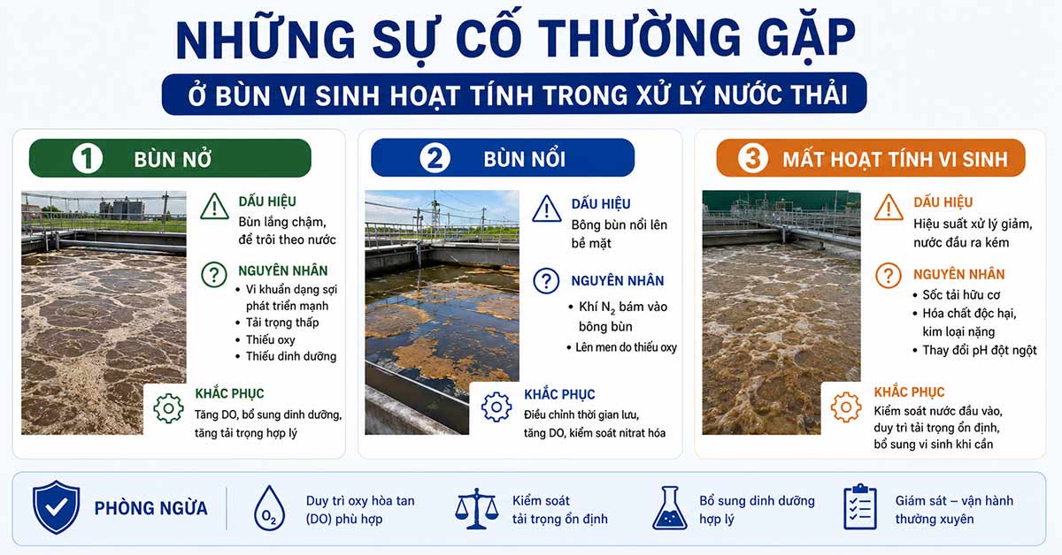 Những sự cố thường gặp ở bùn vi sinh hoạt tính trong xử lý nước thải