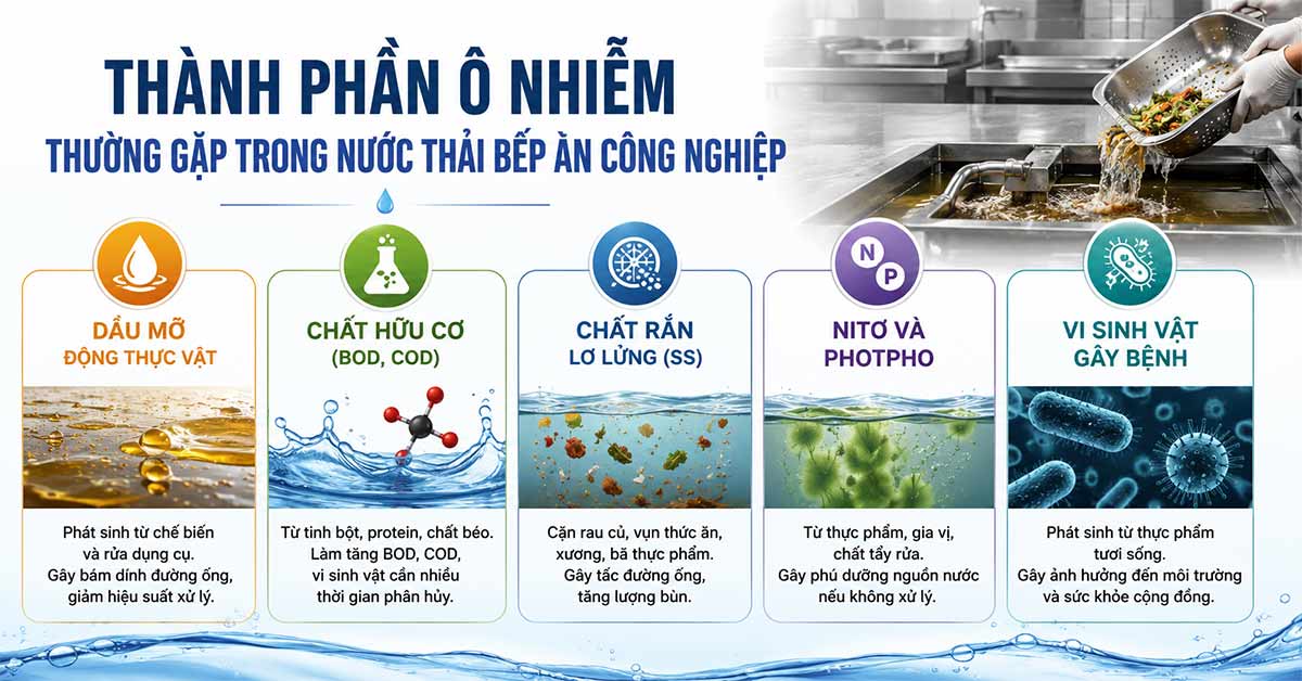 Thành phần ô nhiễm thường gặp trong nước thải bếp ăn công nghiệp
