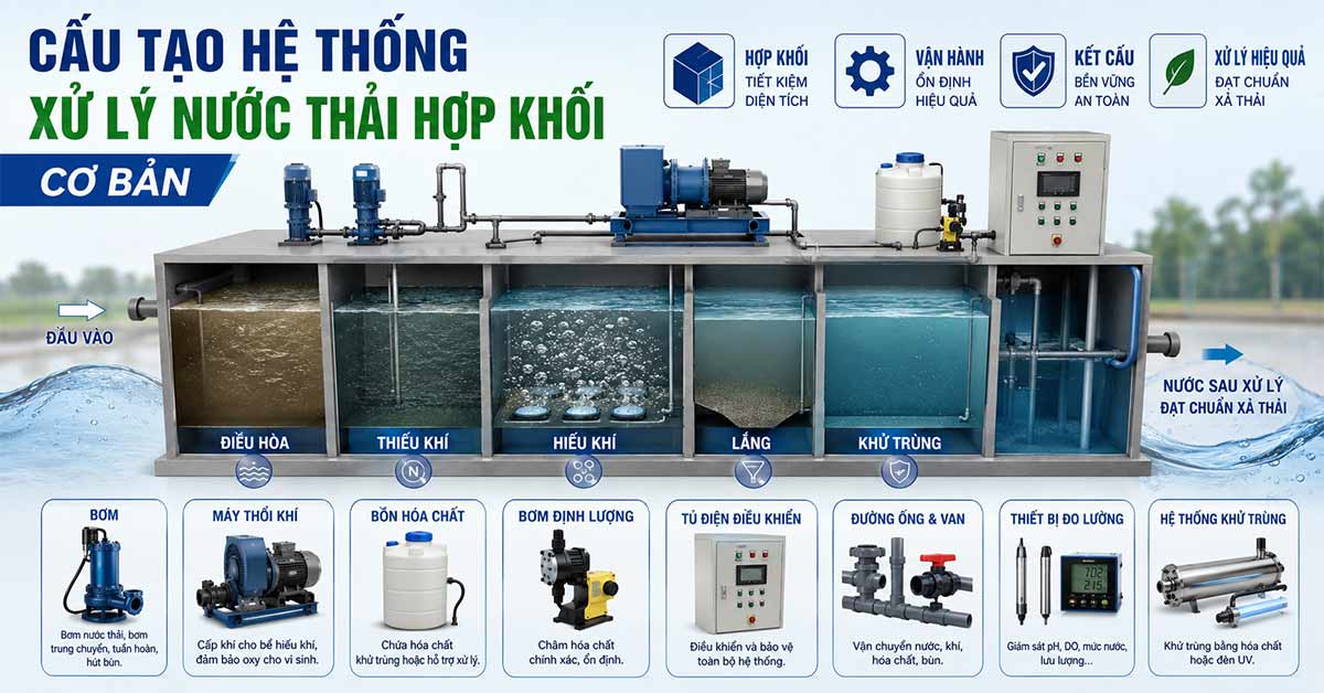 Cấu tạo hệ thống xử lý nước thải hợp khối cơ bản