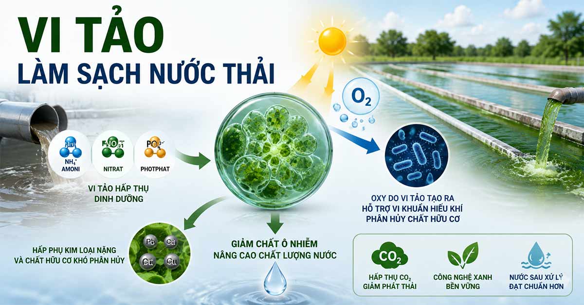 Cơ chế vi tảo loại bỏ chất ô nhiễm trong nước thải
