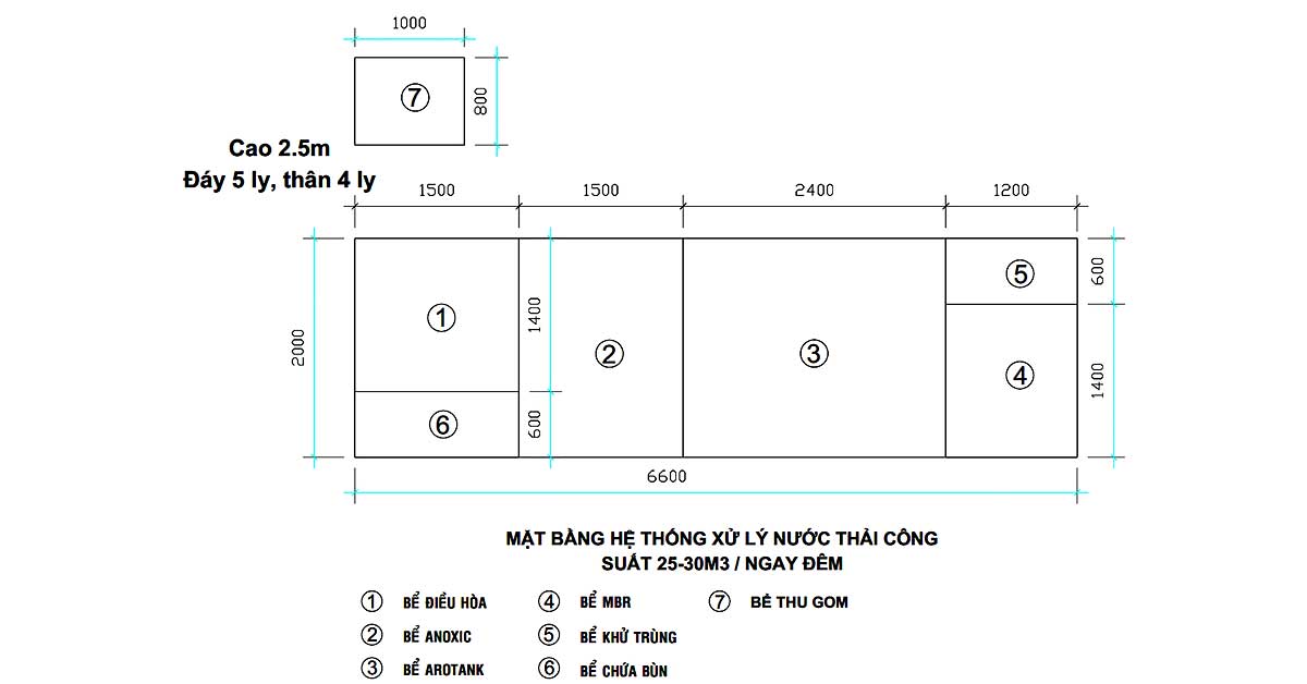 Sơ đồ mặt bằng lắp đặt module xử lý nước thải sinh hoạt 30m3/24h tại Hòa Bình